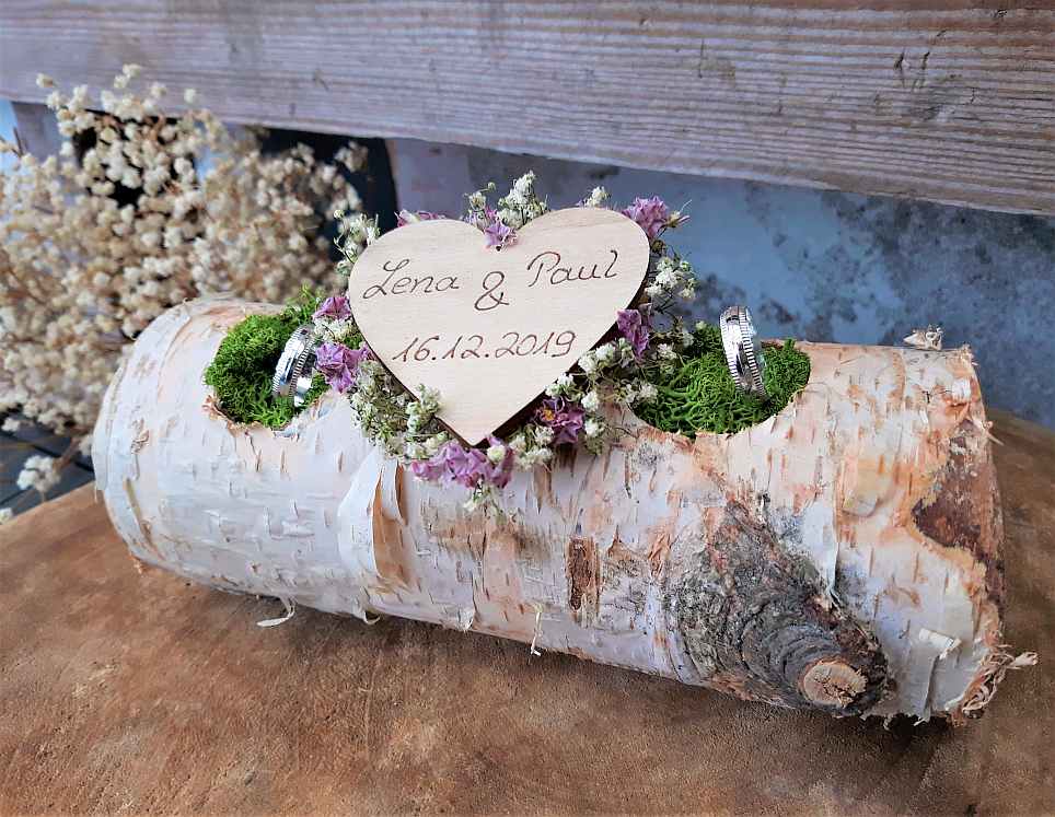 Ringkissen Ringhalter Holzstamm Birkenstamm mit Herz für Eheringe zur Hochzeit 