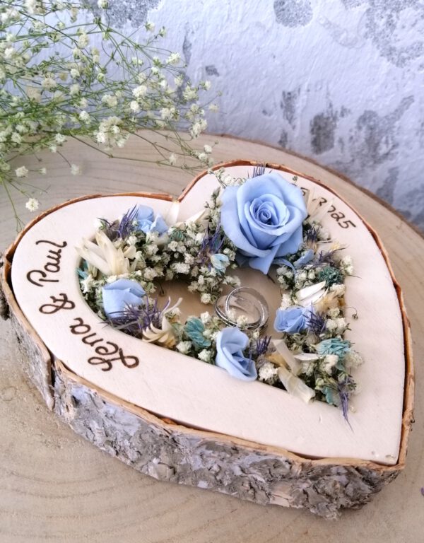 Hochzeit Ringkissen Herz Mille Fleurs blau mit Namen